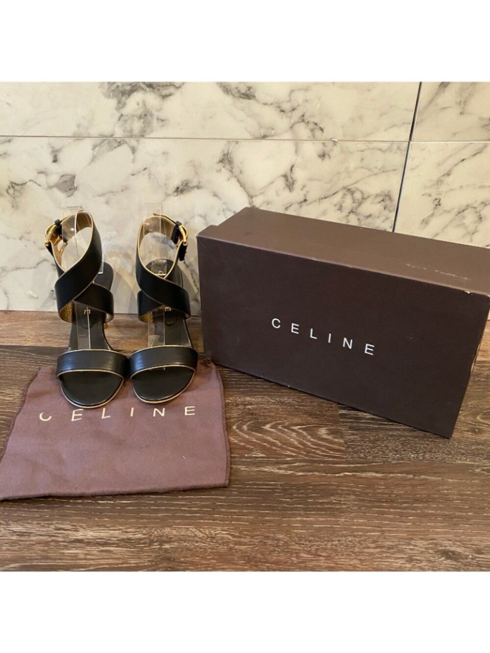 CELINE Black Calfskin Leather & Gold Trim Criss-Cross Open Toe Sandals - US 5 - Picture 2 of 12